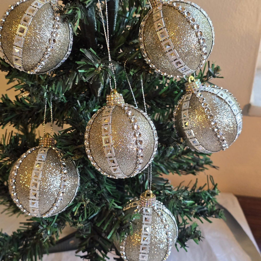 Sparkling Silver and Gold Holiday Ornaments 6 New 2.6 Inch Handmade